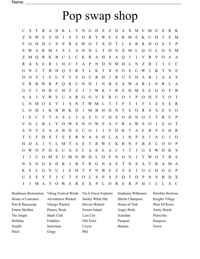 Pop swap shop  Word Search