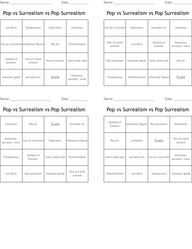Pop vs Surrealism vs Pop Surrealism Bingo Cards