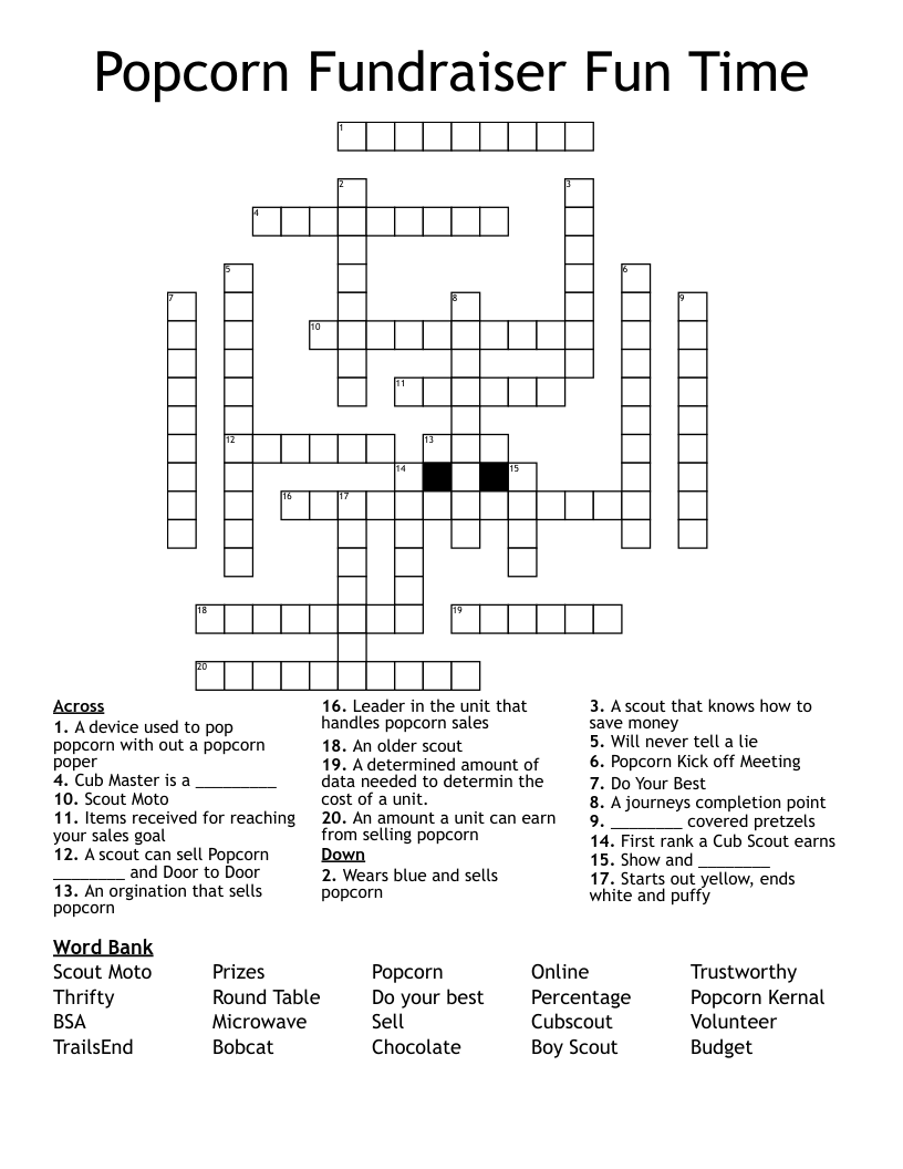 Popcorn Fundraiser Fun Time Crossword