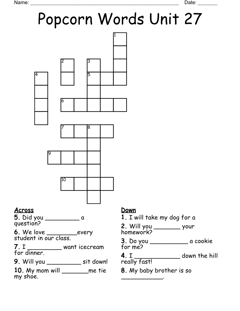 Popcorn Words Unit 27 Crossword
