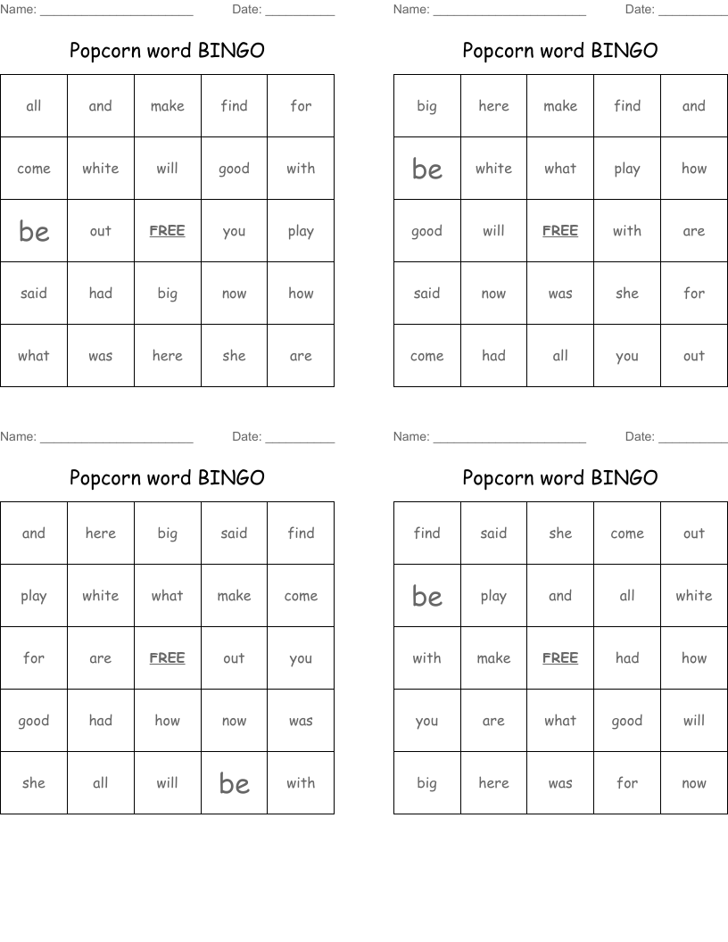 Popcorn word BINGO