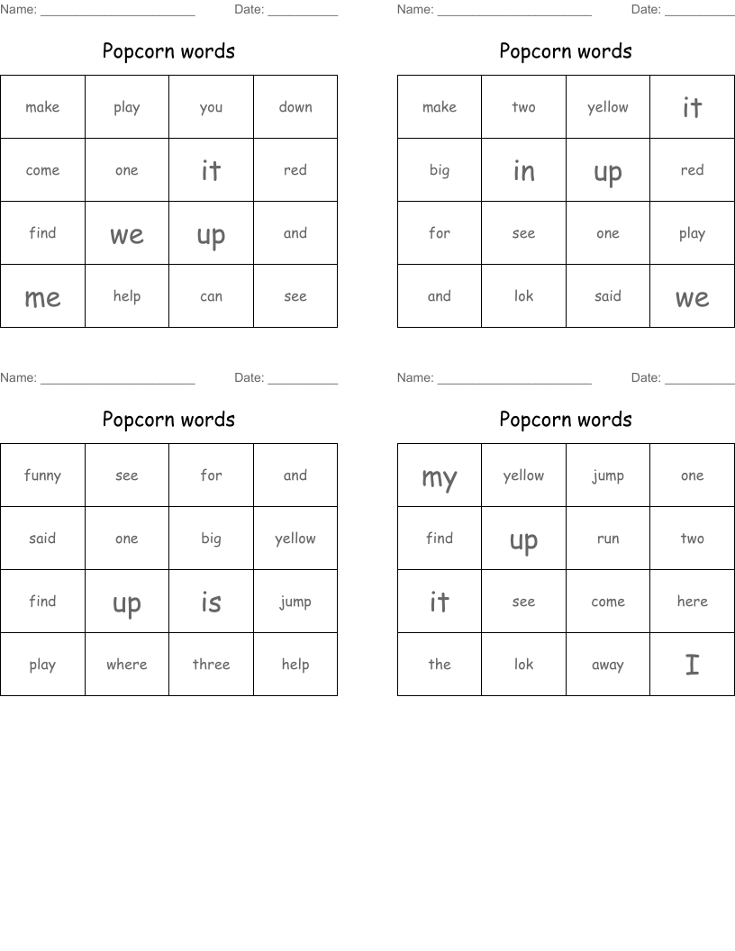 Popcorn words Bingo Cards