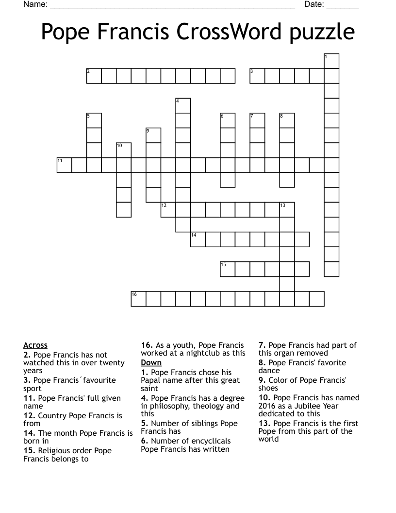 Pope Francis CrossWord puzzle