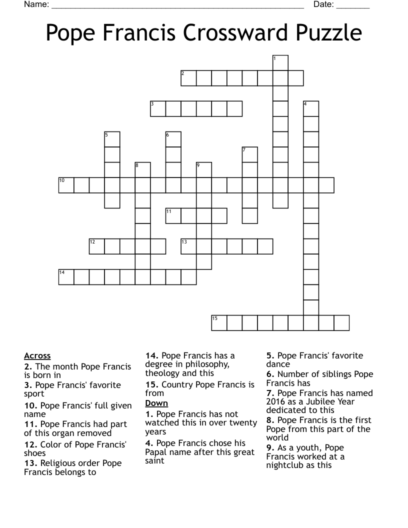 Pope Francis Crossward Puzzle  Crossword