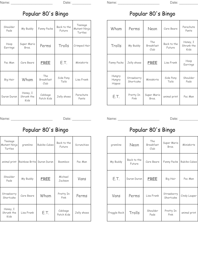 Popular 80's Bingo