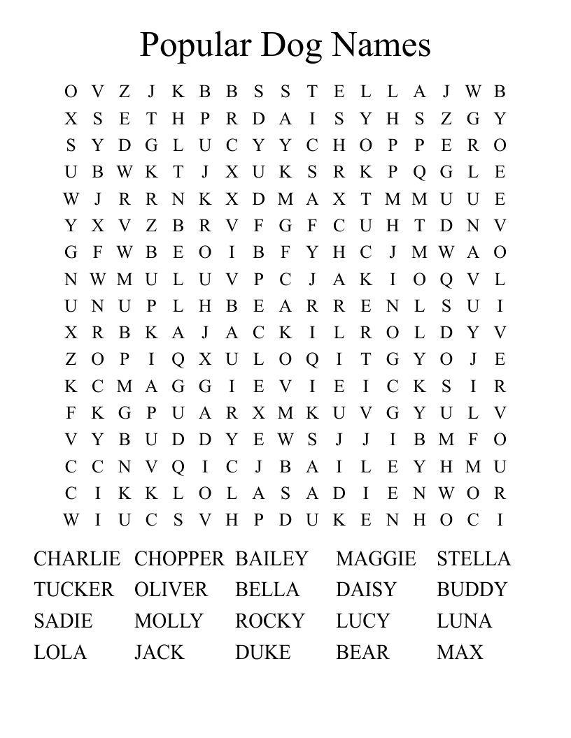 Popular Dog Names Word Search