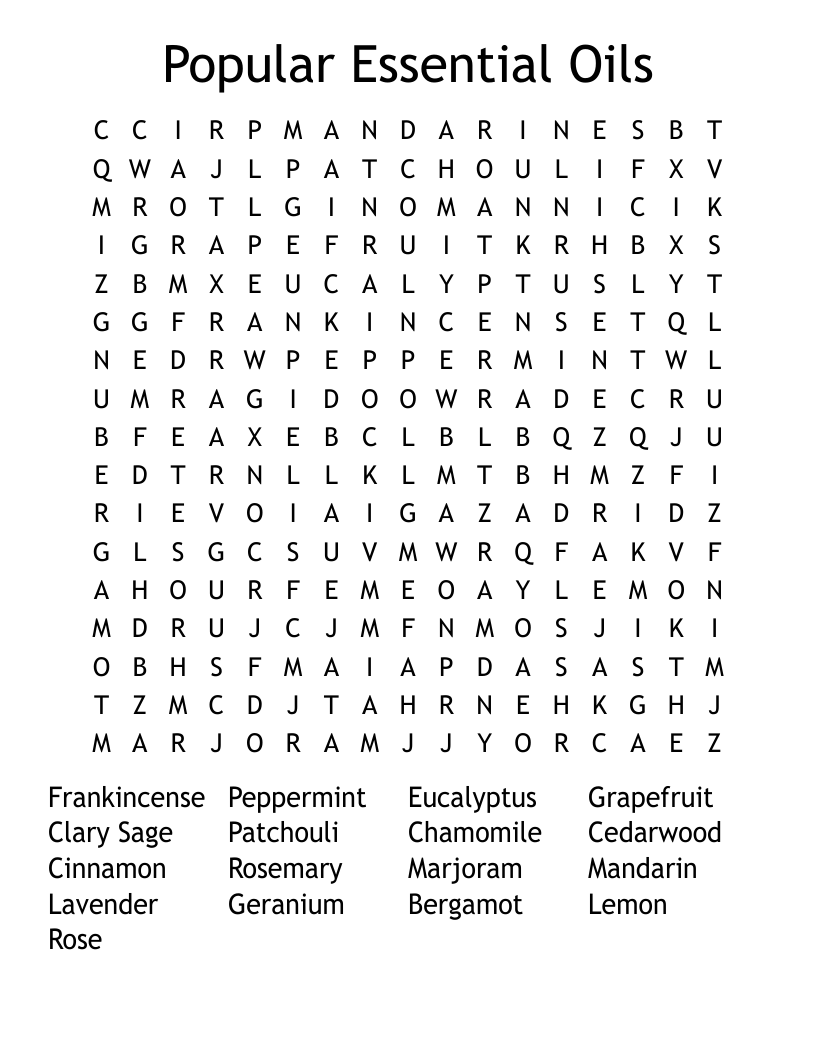 Popular Essential Oils Word Search