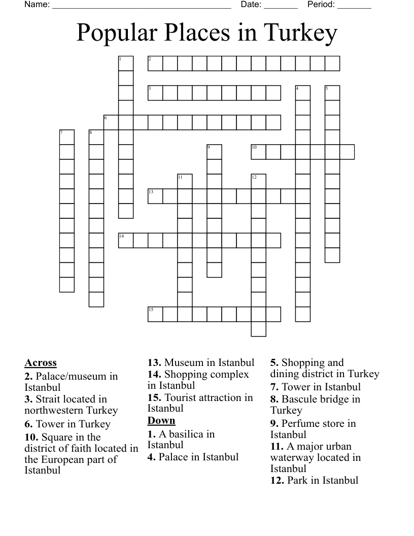 Popular Places in Turkey Crossword