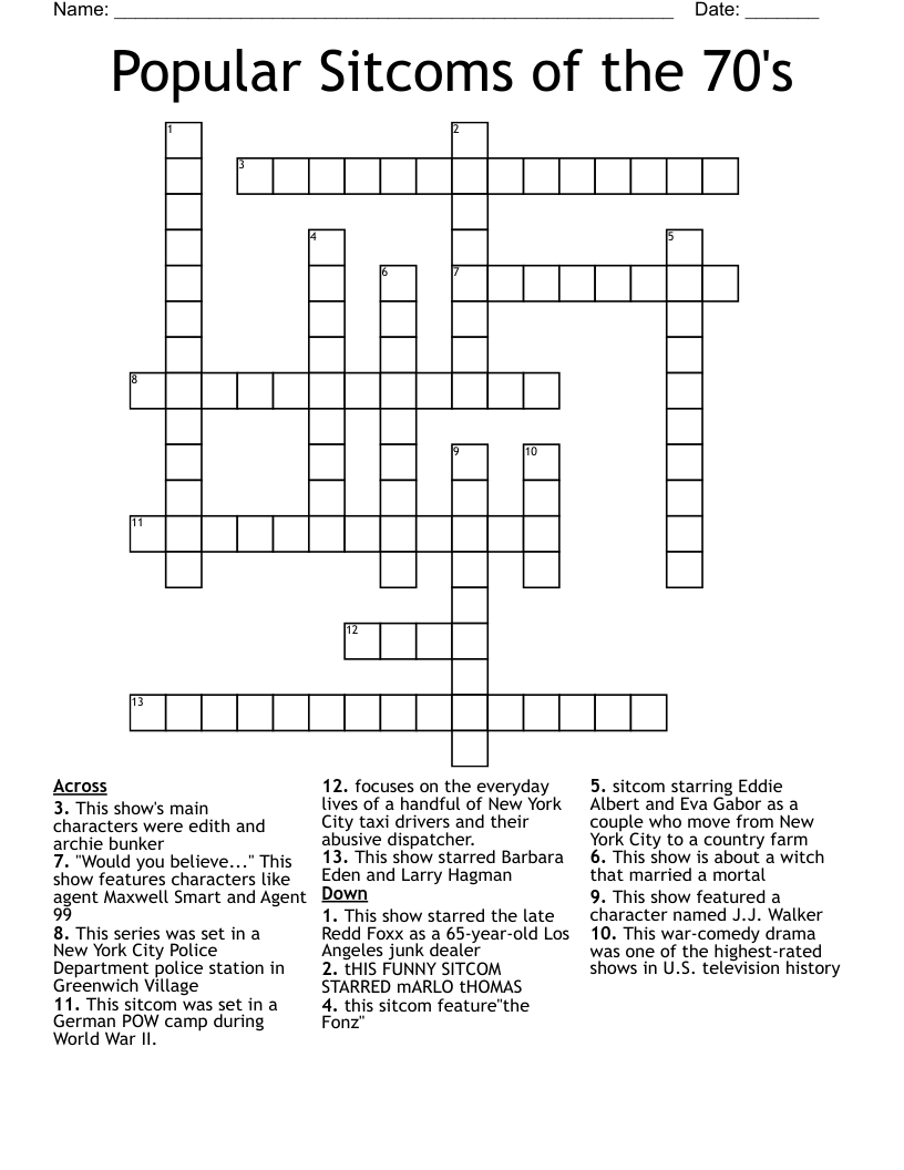 Popular Sitcoms of the 70's Crossword