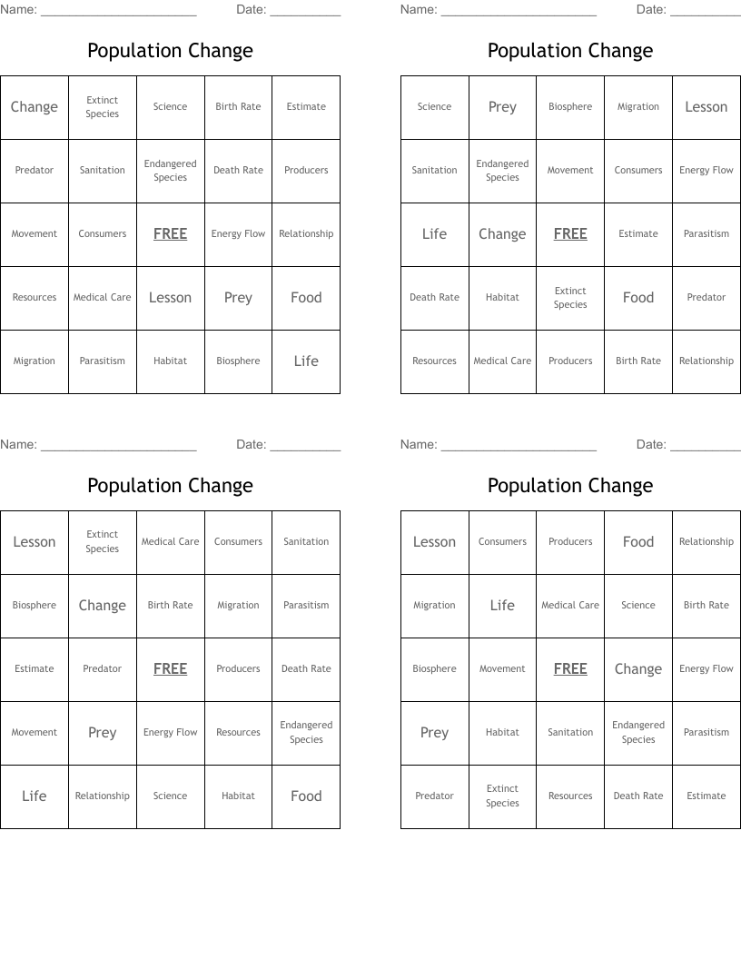 Population Change Bingo Cards