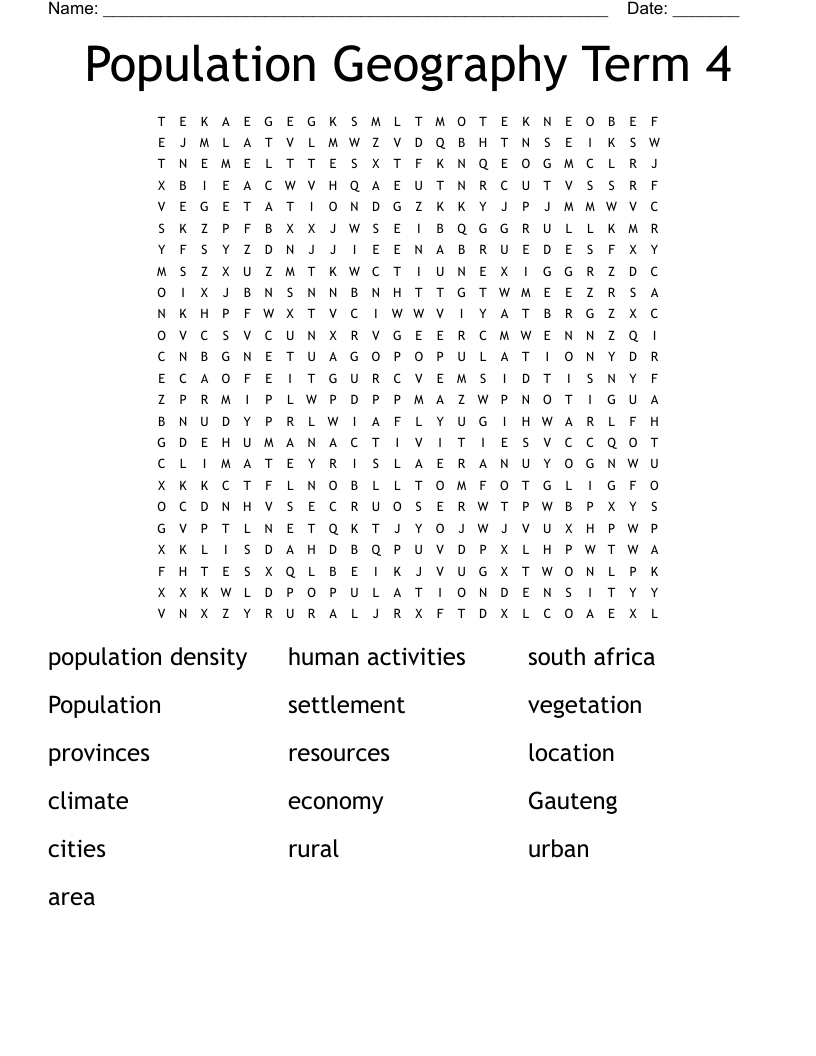 Population Geography Term 4 Word Search