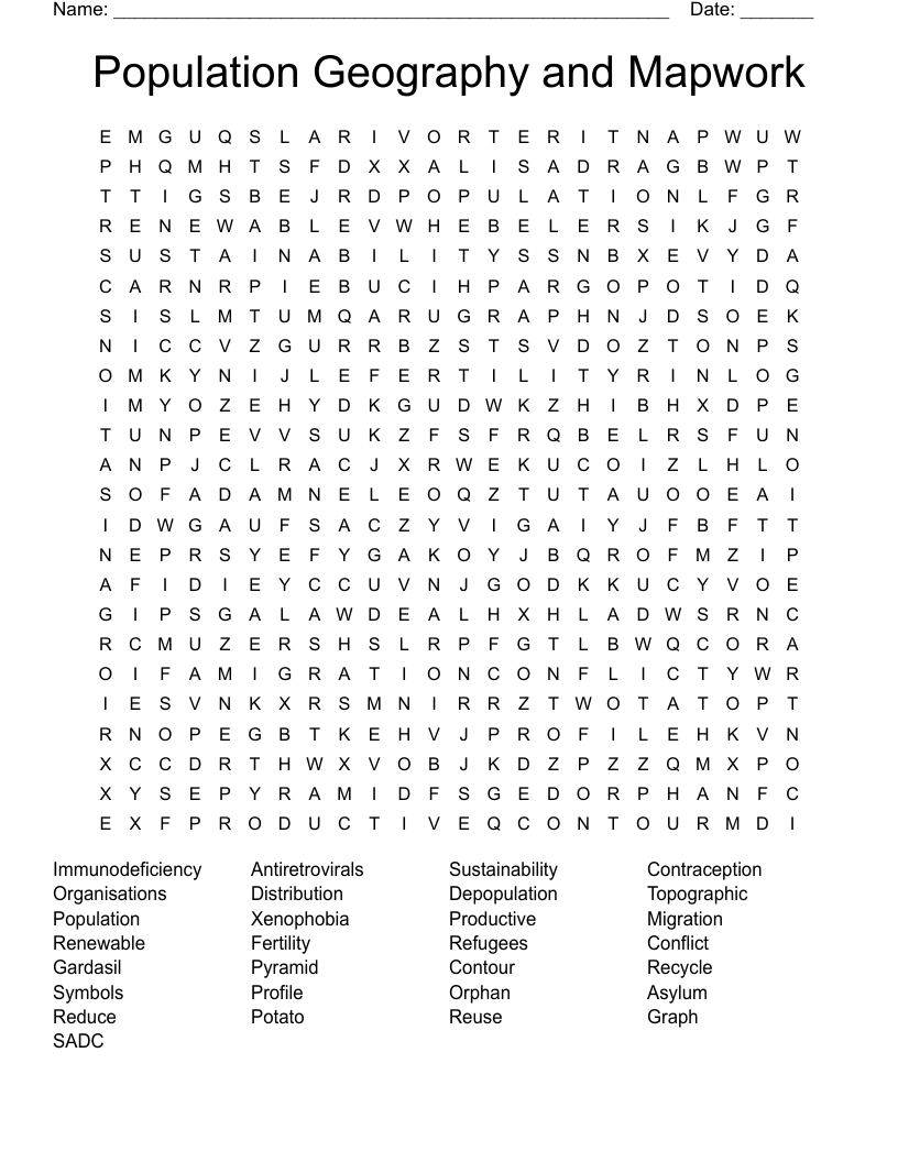 Population Geography and Mapwork Word Search