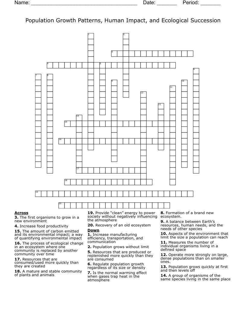 Population Growth Patterns, Human Impact, and Ecological Succession Crossword