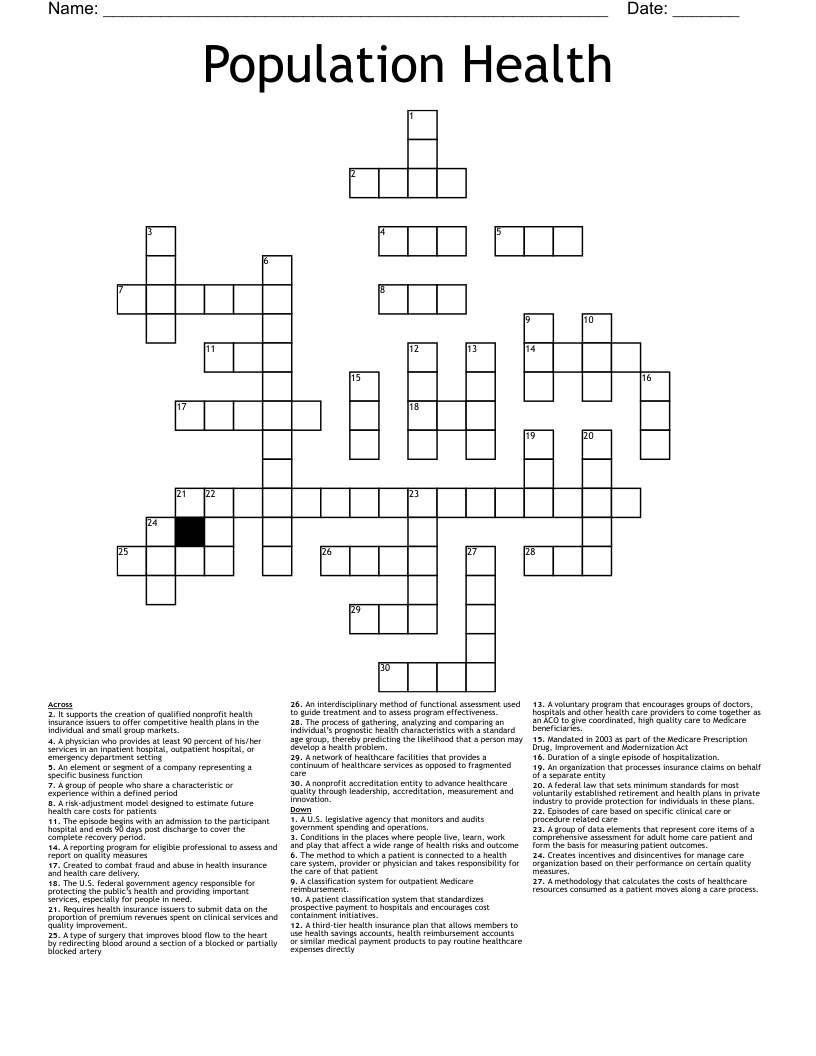 Population Health  Crossword