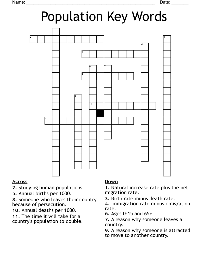 Population Key Words Crossword