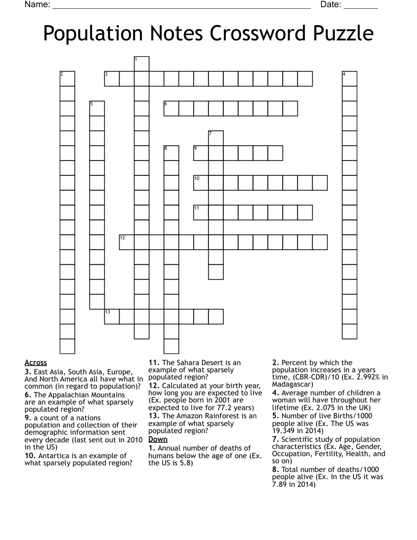 Population Notes Crossword Puzzle