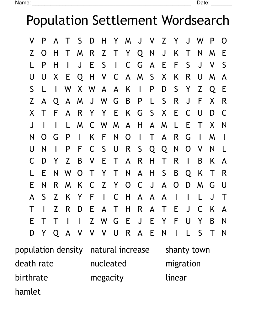Population Settlement Wordsearch