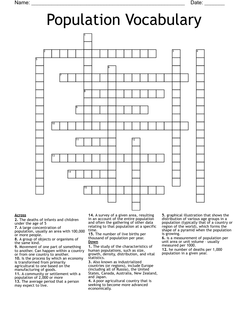 Population Vocabulary Crossword