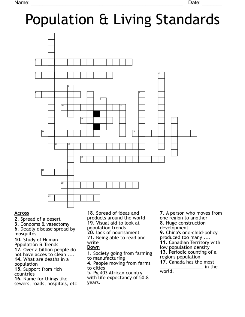 Population & Living Standards Crossword