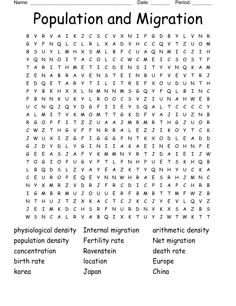 Population and Migration Word Search