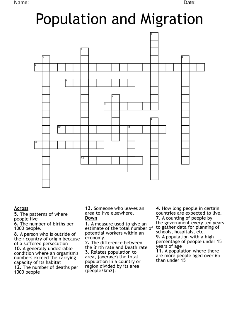 Population and Migration Crossword