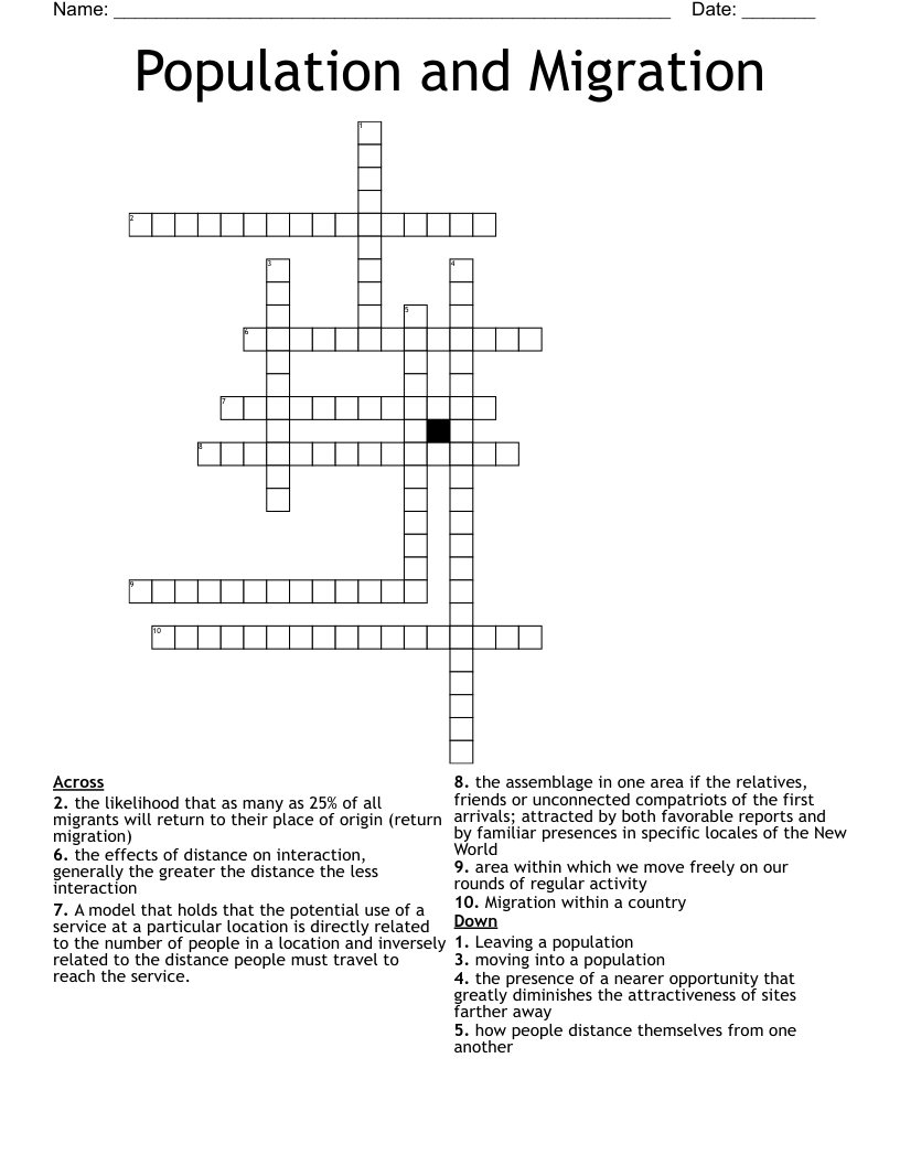 Population and Migration Crossword