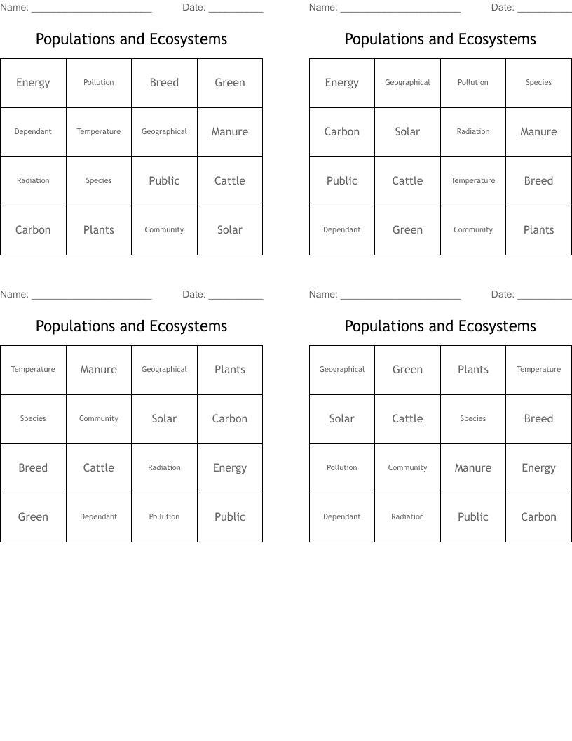 Populations and Ecosystems Bingo Cards