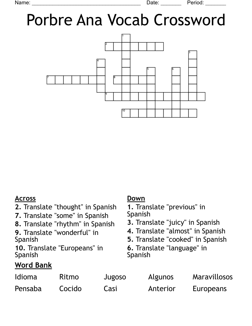 Porbre Ana Vocab Crossword