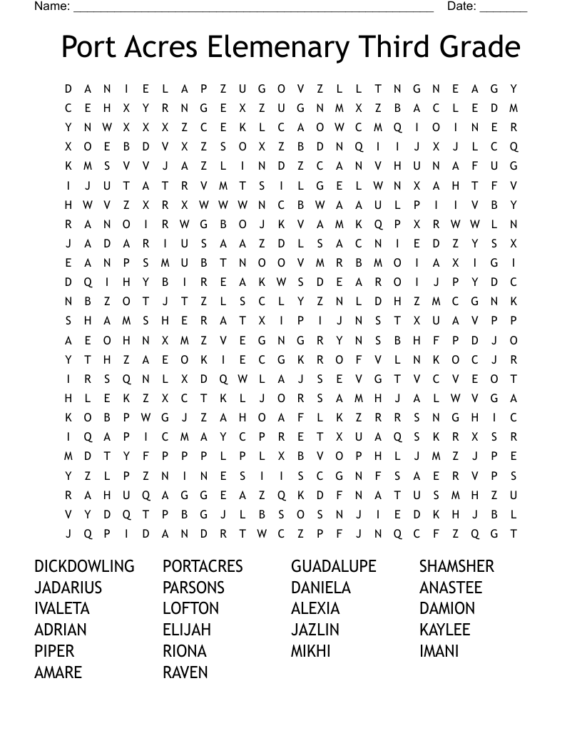 Port Acres Elemenary Third Grade Word Search