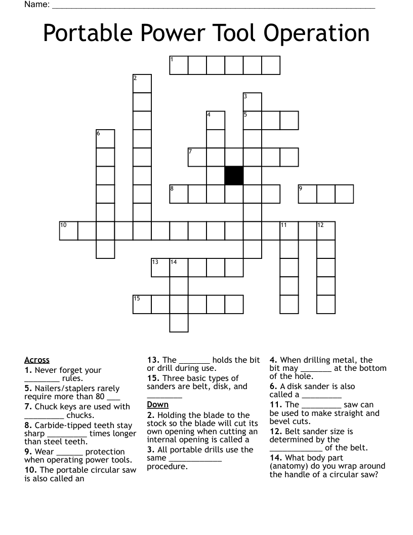 Portable Power Tool Operation Crossword