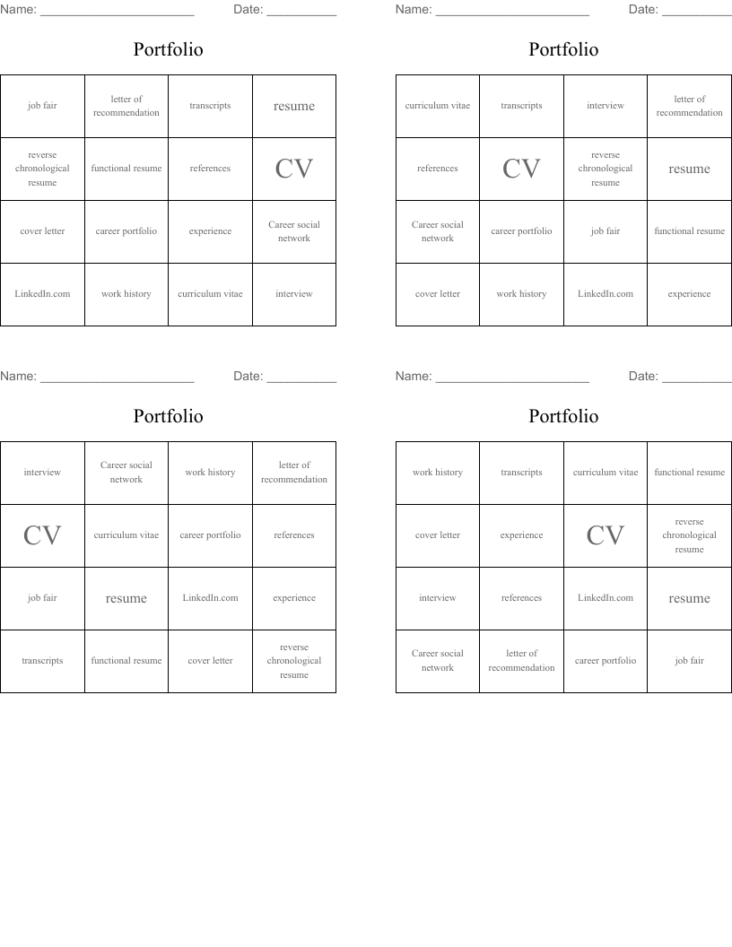 Portfolio Bingo Cards