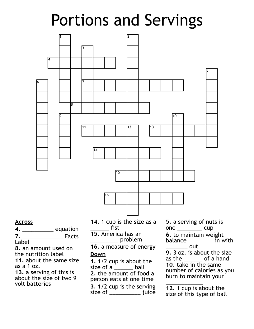 Portions and Servings Crossword