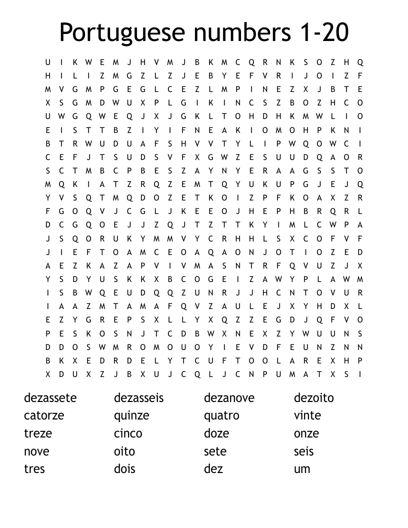 Portuguese numbers 1-20 Word Search