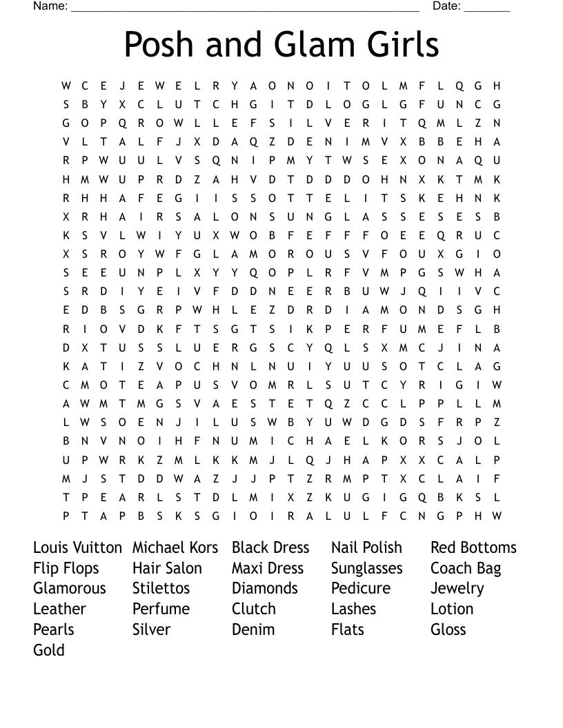 Posh and Glam Girls Word Search