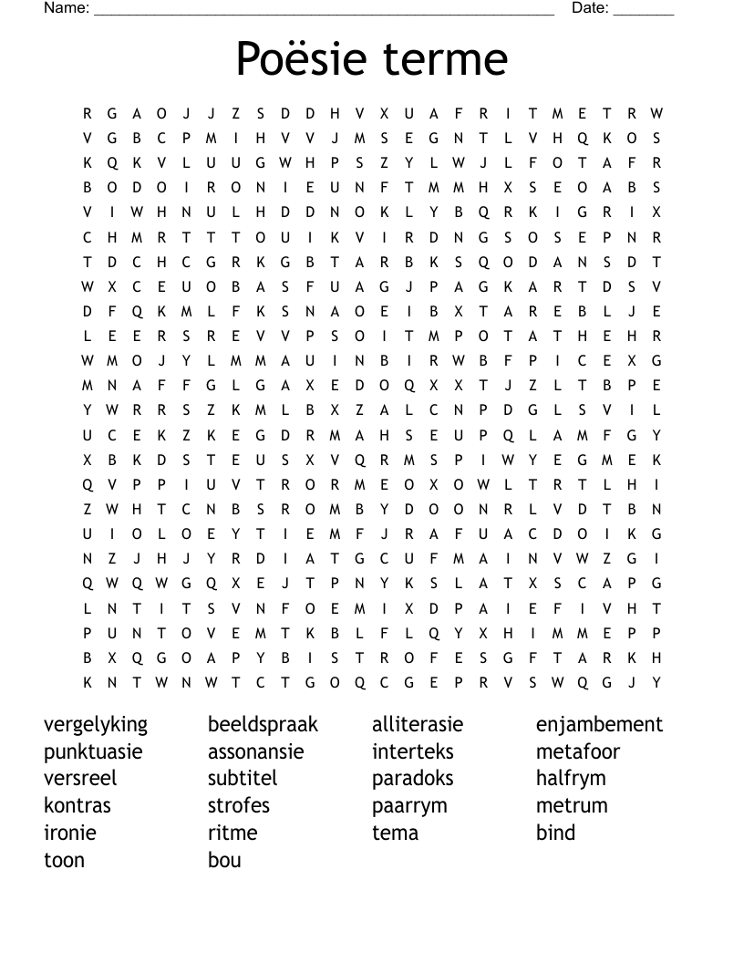 Poësie terme Word Search