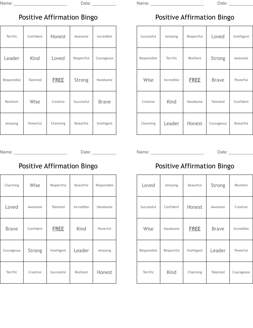 Positive Affirmation Bingo