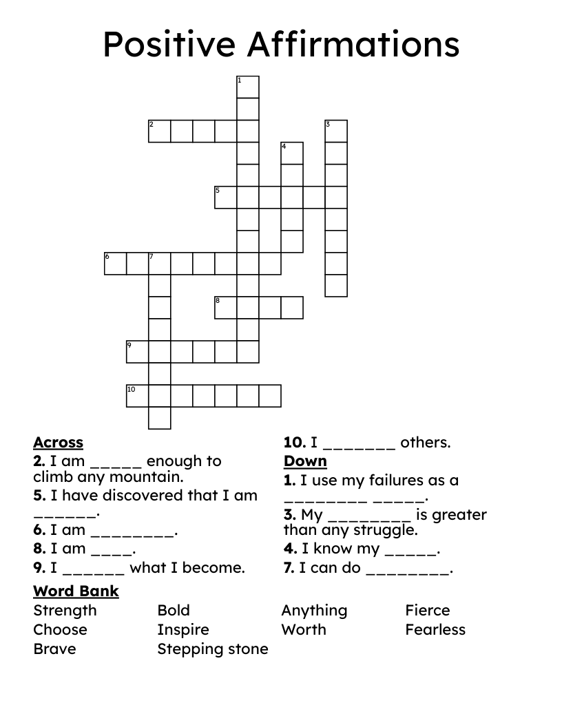 Positive Affirmations Crossword