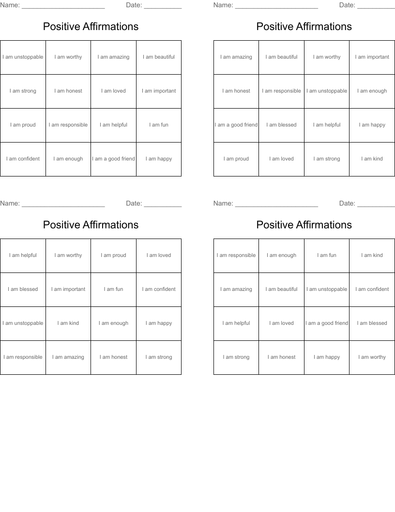Positive Affirmations Bingo Cards