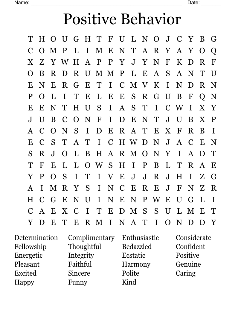 Positive Behavior  Word Search