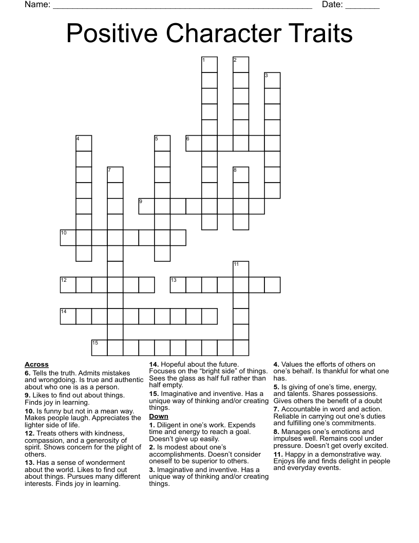 Positive Character Traits Crossword