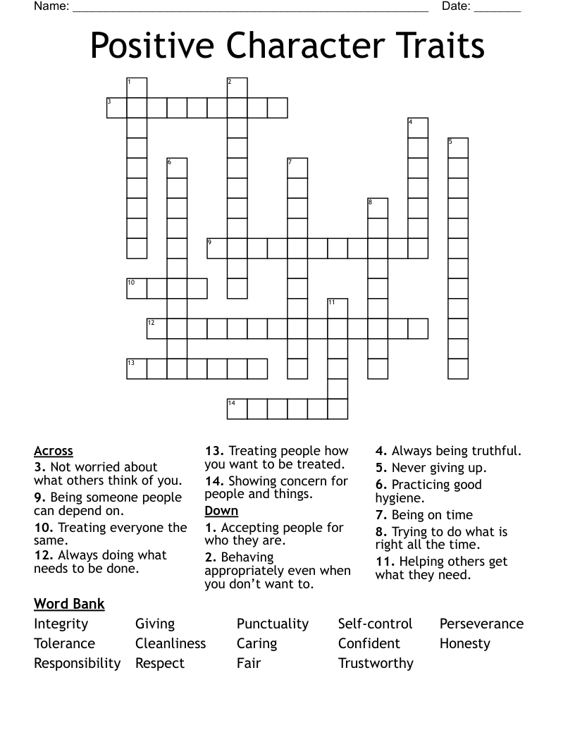 Positive Character Traits Crossword