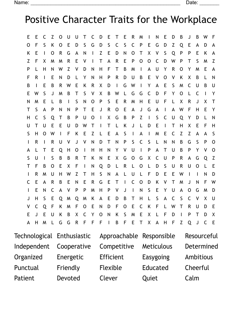 Positive Character Traits for the Workplace Word Search