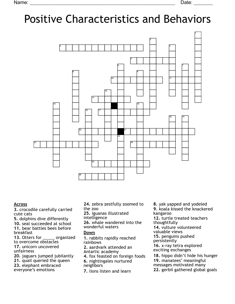 Positive Characteristics and Behaviors Crossword