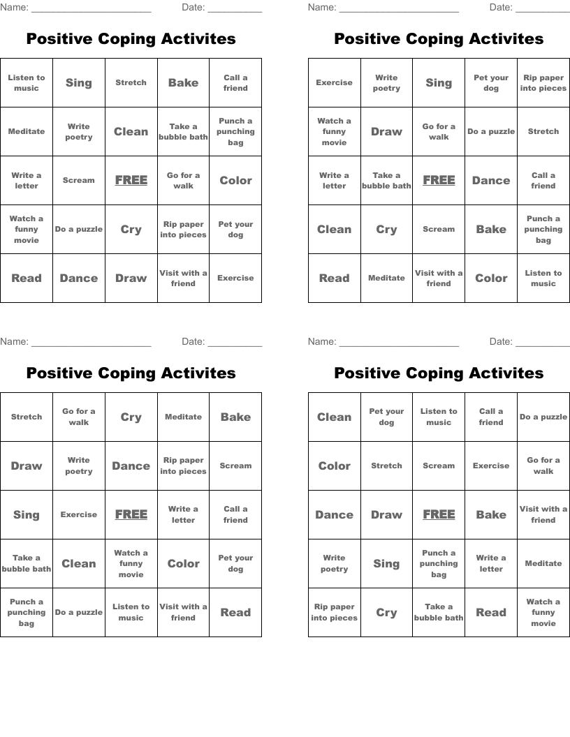 Positive Coping Activites Bingo Cards
