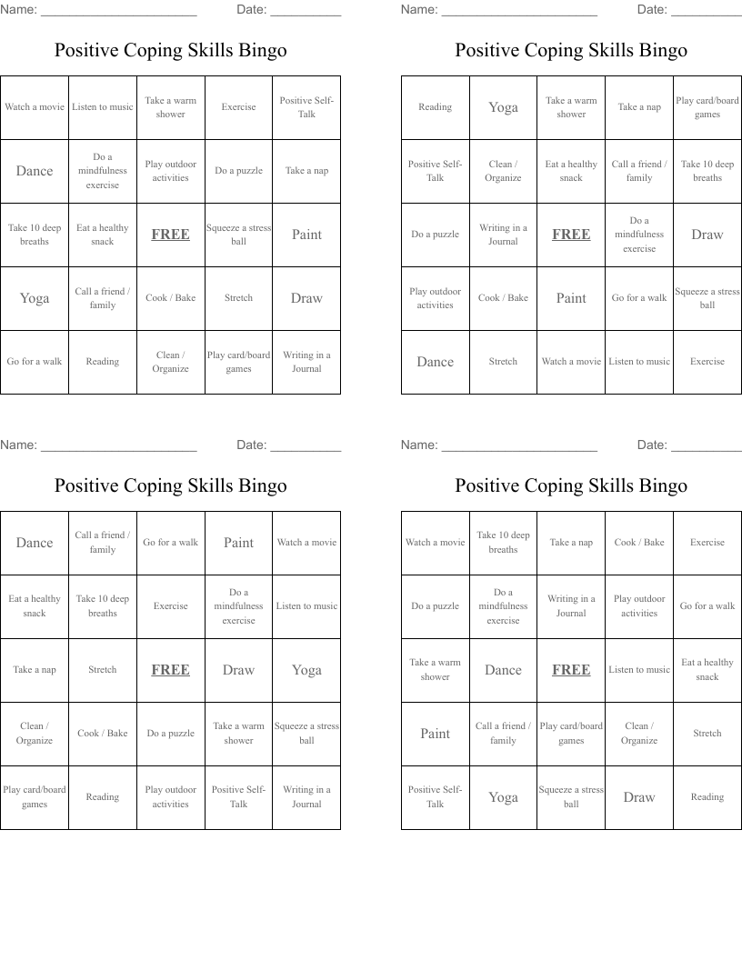 Positive Coping Skills Bingo
