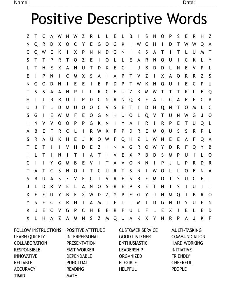 Positive Descriptive Words Word Search