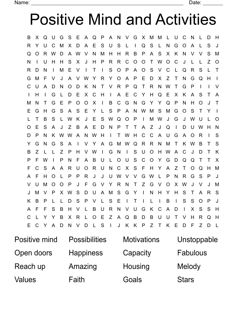 Positive Mind and Activities Word Search