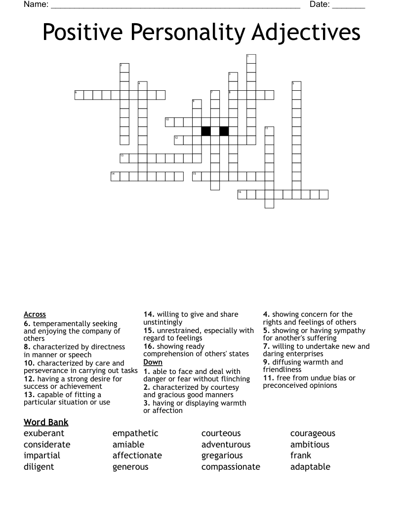 Positive Personality Adjectives Crossword