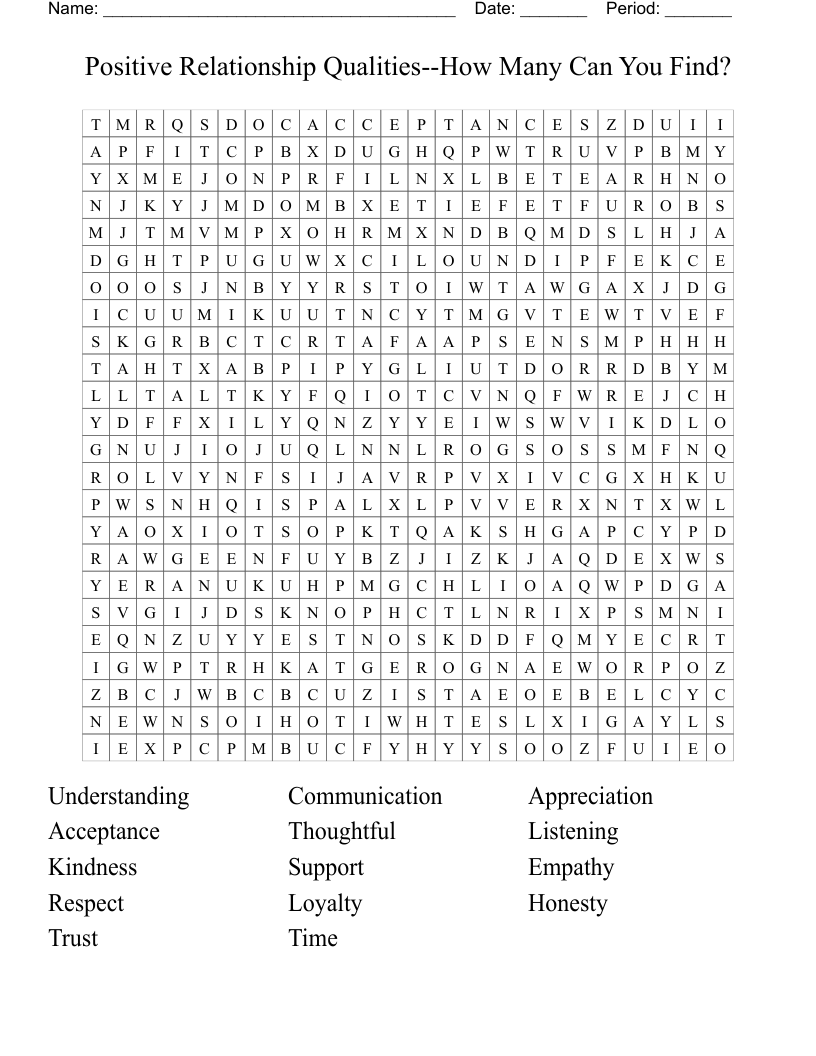 Positive Relationship Qualities--How Many Can You Find? Word Search