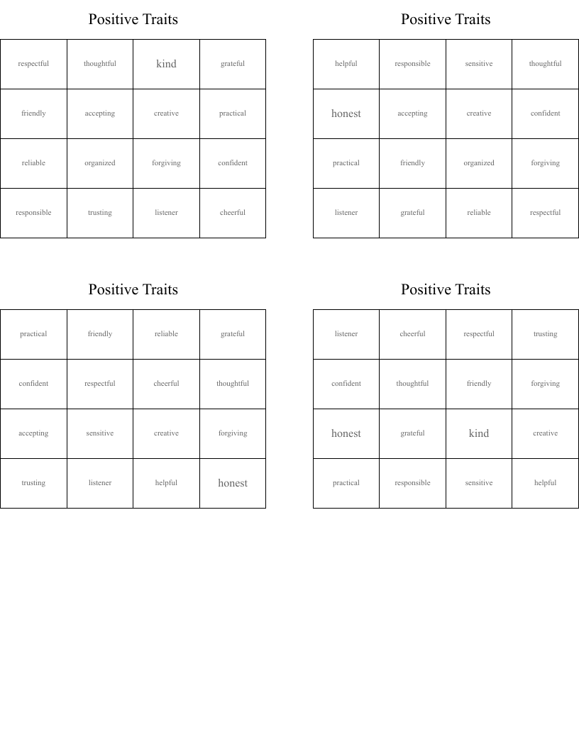 Positive Traits Bingo Cards